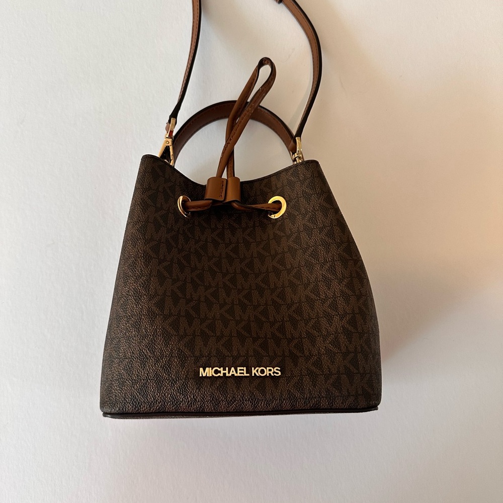 Michael Kors Brown Crossbody Bag with Monogram Pattern and Gold Accents